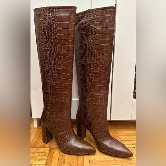 Paris Texas Anja knee-high boot pointed toe chunky heel brown croc leather 39 9 - Picture 7 of 16